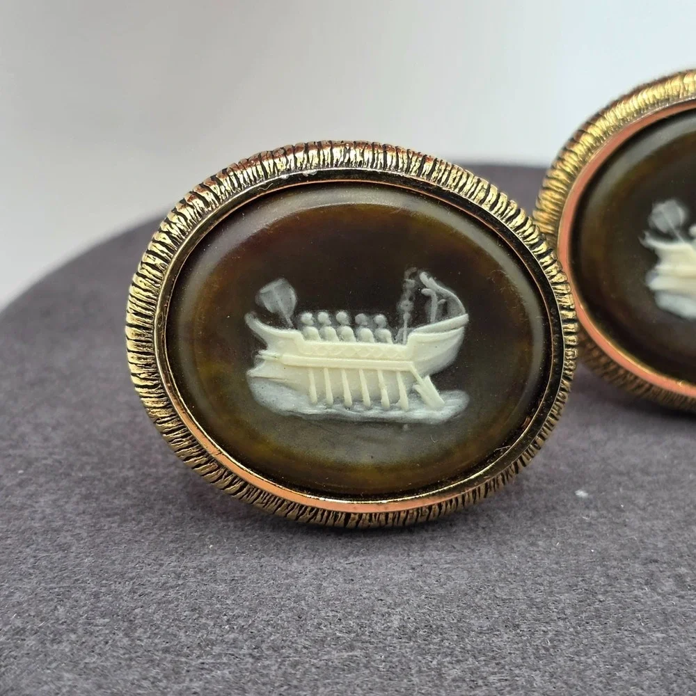 DANTE Cameo Cufflinks Boat‎ Scene Roman Ship Oval Gold Tone Mens Formal Nautical